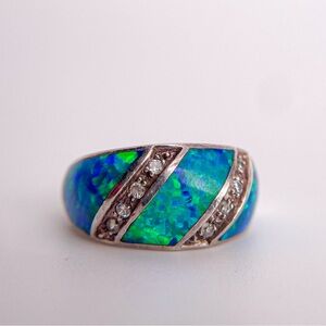 Blue Opal 925 Sterling Silver Inlayed Wide Band Ring. Size 5.75